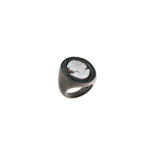 ANELLO CHEVALIER IN TITANIO SABBIATO CON DIAMANTI BLU E CAMMEO DONNA - SAN9DDBL