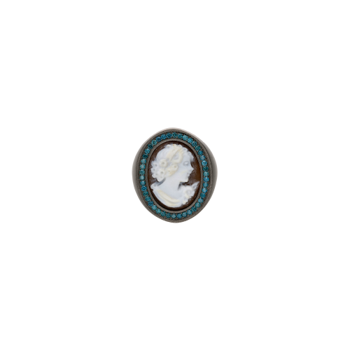 ANELLO CHEVALIER IN TITANIO SABBIATO CON DIAMANTI BLU E CAMMEO DONNA - SAN9DDBL