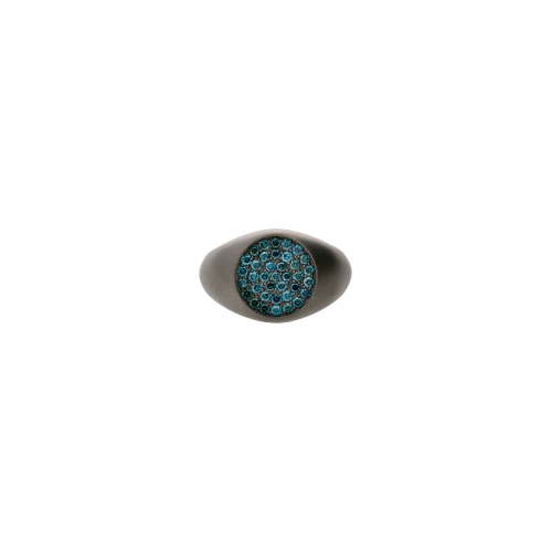 ANELLO CHEVALIER IN TITANIO SABBIATO CON PAVÉ DI DIAMANTI BLU - SAN4PADBL