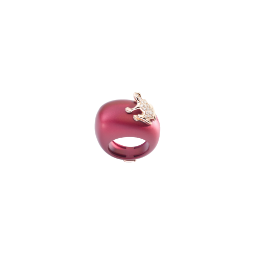 ANELLO HAPPY FROG CON RANA IN ORO ROSA E DIAMANTI SU BASE MEDIA IN ARGENTO ROSSO MAGENTA SATIN - DHF07ANSRRRDI