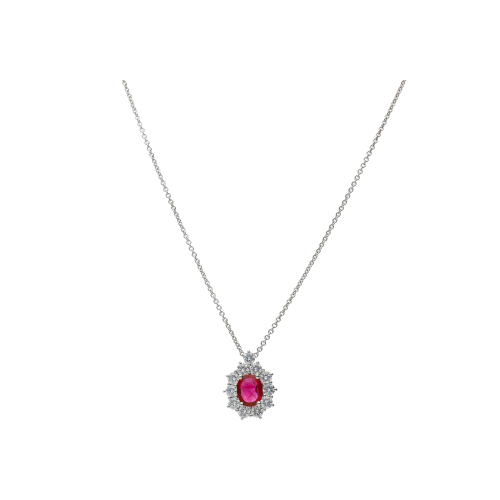 COLLANA GIROCOLLO IN ORO BIANCO CON PENDENTE RUBINO TAGLIO E CONTORNO DIAMANTI - 326-CD-1000