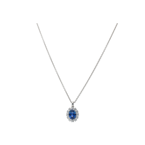 COLLANA GIROCOLLO IN ORO BIANCO CON PENDENTE ZAFFIRO BLU E CONTORNO DIAMANTI - 234-4138-A