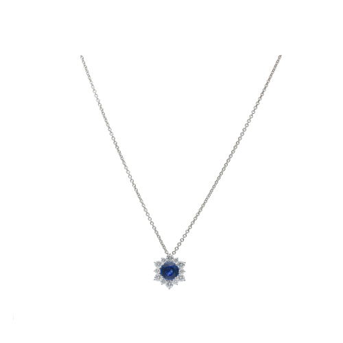 COLLANA GIROCOLLO IN ORO BIANCO CON PENDENTE ZAFFIRO E CONTORNO DIAMANTI - 326-CD-465
