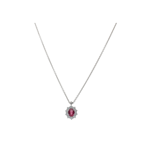 COLLANA GIROCOLLO IN ORO BIANCO CON PENDENTE RUBINO E CONTORNO DIAMANTI - 024-C2063