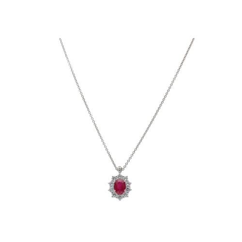COLLANA GIROCOLLO IN ORO BIANCO CON PENDENTE RUBINO E CONTORNO DIAMANTI - 024-2035