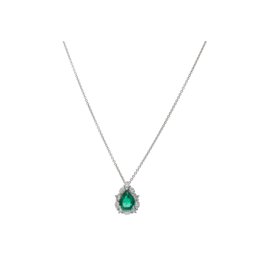 COLLANA GIROCOLLO IN ORO BIANCO CON PENDENTE SMERALDO E CONTORNO DIAMANTI - 035-VP29055