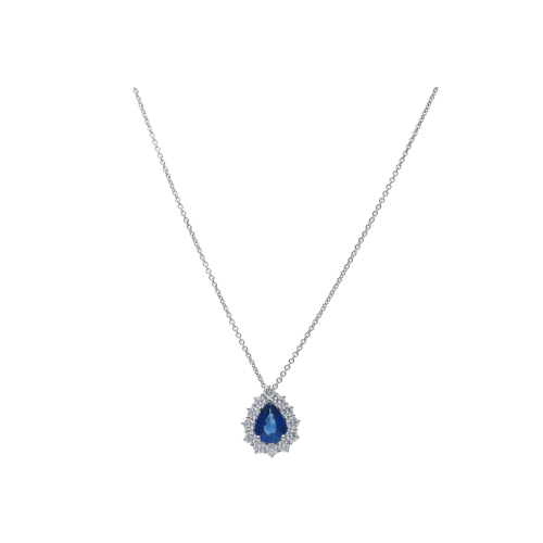 COLLANA GIROCOLLO IN ORO BIANCO CON PENDENTE GOCCIA ZAFFIRO BLU E CONTORNO DIAMANTI - 326-CD-1003-MOD