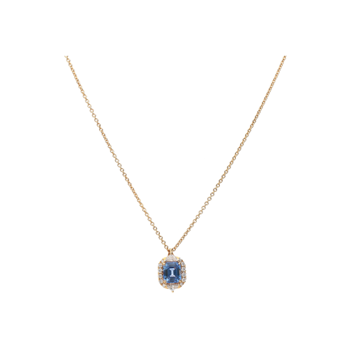COLLANA GIROCOLLO IN ORO ROSA CON PENDENTE ZAFFIRO BLU E CONTORNO DIAMANTI - 000-4935-326-C-M