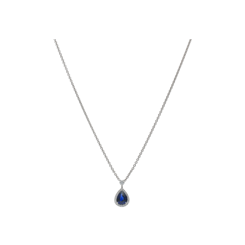 COLLANA GIROCOLLO IN ORO BIANCO CON PENDENTE GOCCIA ZAFFIRO BLU E CONTORNO DIAMANTI - 372-3653