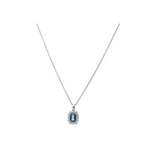 COLLANA GIROCOLLO IN ORO BIANCO CON PENDENTE  ZAFFIRO BLU E CONTORNO DIAMANTI - 234-C5973-7-5