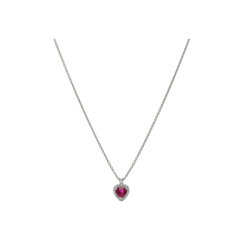 COLLANA GIROCOLLO IN ORO BIANCO CON PENDENTE RUBINO TAGLIO CUORE E CONTORNO DI DIAMANTI - 372-3573-C-BIS