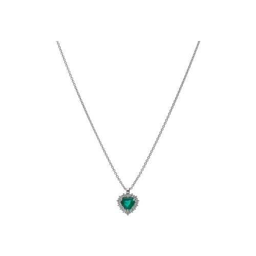 COLLANA GIROCOLLO IN ORO BIANCO CON PENDENTE SMERALDO TAGLIO CUORE E CONTORNO DI DIAMANTI - 234-5955-6-6