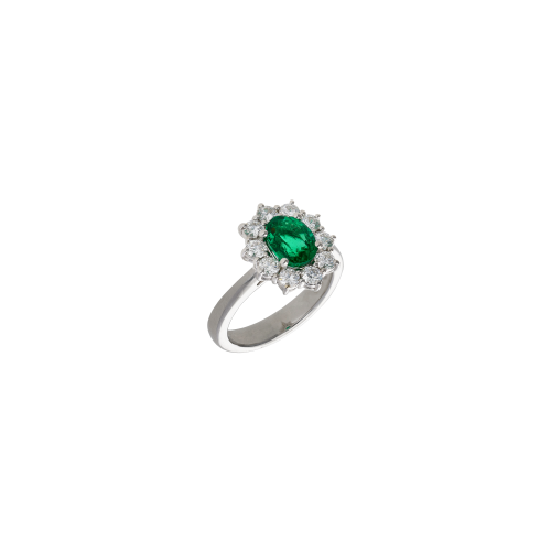 ANELLO ROSETTA IN ORO BIANCO CON SMERALDO CENTRALE E CONTORNO DIAMANTI - 326-AN-1000