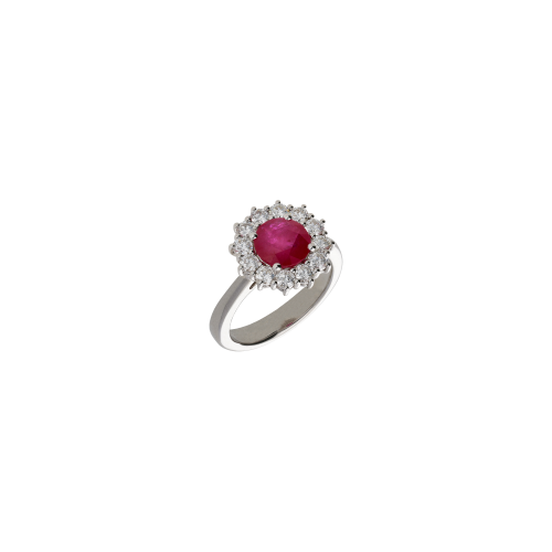 ANELLO ROSETTA IN ORO BIANCO CON RUBINO CENTRALE E CONTORNO DIAMANTI - 326-AN-1006