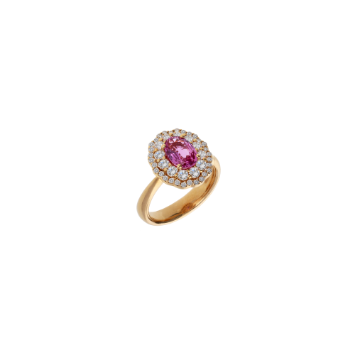 ANELLO ROSETTA IN ORO ROSA CON ZAFFIRO ROSA CENTRALE E DOPPIO CONTORNO DIAMANTI - 234-5053-A