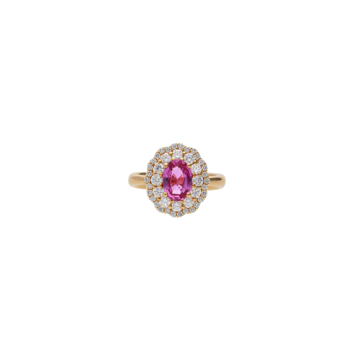 ANELLO ROSETTA IN ORO ROSA CON ZAFFIRO ROSA CENTRALE E DOPPIO CONTORNO DIAMANTI - 234-5053-A