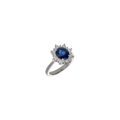 ANELLO ROSETTA IN ORO BIANCO CON ZAFFIRO BLU CENTRALE E CONTORNO DIAMANTI - 326-AN465-GL