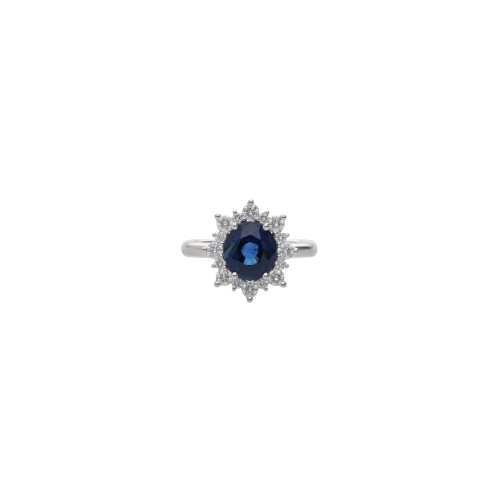 ANELLO ROSETTA IN ORO BIANCO CON ZAFFIRO BLU CENTRALE E CONTORNO DIAMANTI - 326-AN465-GL