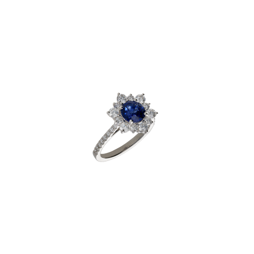 ANELLO ROSETTA IN ORO BIANCO CON ZAFFIRO BLU CENTRALE, CONTORNO DIAMANTI E SUL GAMBI - 326-AN465