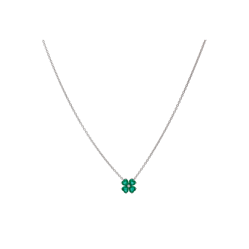 COLLANA GIROCOLLO IN ORO BIANCO CON PENDENTE QUADRIFOGLIO IN SMERALDI E DIAMANTE - 326-6