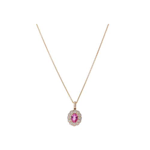 COLLANA GIROCOLLO IN ORO ROSA CON PENDENTE ROSETTA ZAFFIRO ROSA CENTRALE E PAVÉ DI DIAMANTI - 234-5053-C
