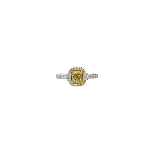 ANELLO IN ORO BIANCO CON DIAMANTE CENTRALE FANCY YELLOW CERTIFICATO, DIAMANTI LATERALI E SUL GAMBO - 326-000-4935