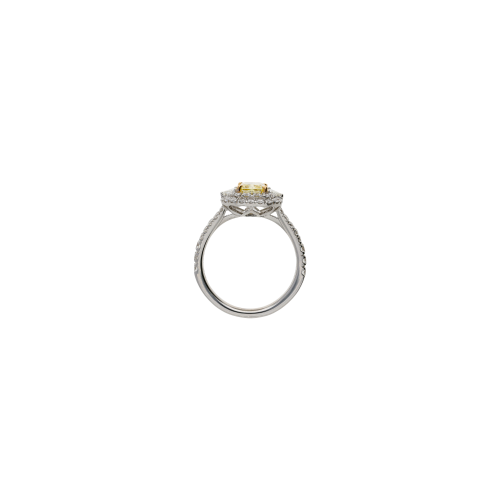 ANELLO IN ORO BIANCO 18 CARATI CON DIAMANTE CENTRALE CERTIFICATO GIA FANCY YELLOW, DIAMANTI LATERALI, DOPPIO CONTORNO E DIAMANTI SUL GAMBO DEMI-PAVÉ - 000-4982NS