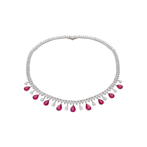GIROCOLLO BARTORELLI HIGH JEWELRY RIVIERE GOCCE IN ORO BIANCO CON RUBINI PENDENTI CERTIFICATI C. DUNAIGRE E DIAMANTI - GG/ESG-V/9779