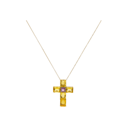 COLLANA IN ORO GIALLO CON CROCE PENDENTE IN OPALE GIALLO ZAFFIRO ROSA CENTRALE CON CONTORNO IN PAVÉ DI DIAMANTI - GG/S-I/9601