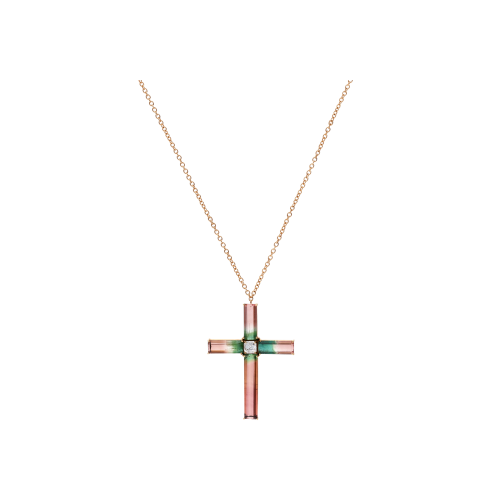 COLLANA CON CROCE PENDENTE IN ORO ROSA, DIAMANTE CENTRALE E TORMALINA SFUMATA - GC/I-V/9522