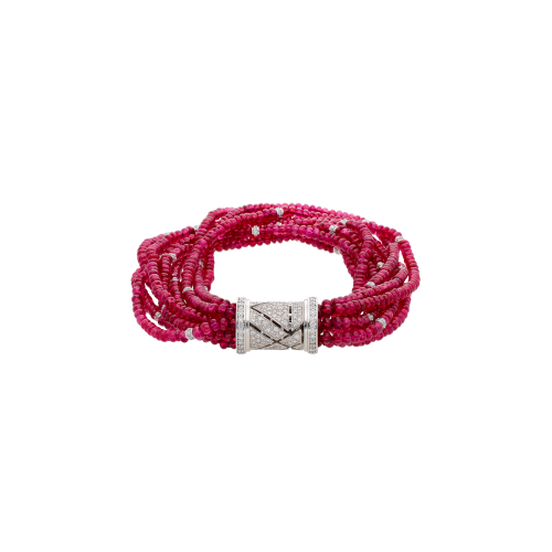BRACCIALE MULTIFILO CON RUBINI BEADS INTERVALLATI DA ORO BIANCO E DIAMANTI, CHIUSURA IN ORO BIANCO E PAVÉ DI DIAMANTI - BABR35