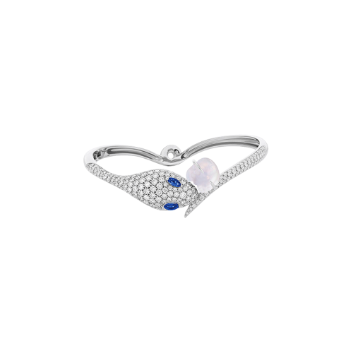 BRACCIALE RIGIDO MALAFEMMINA IN ORO BIANCO 18 CARATI CON PAVÉ DI DIAMANTI, CRISTALLO DI ROCCA E OCCHI DI ZAFFIRI BLU - DMF02BRBBDIMDZB