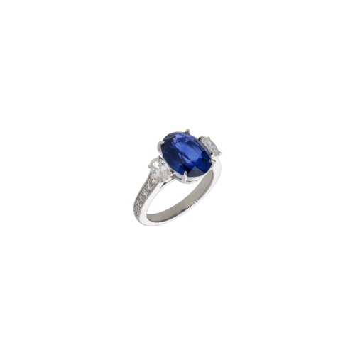ANELLO IN ORO BIANCO CON ZAFFIRO BLU CENTRALE, DIAMANTI LATERALI E LUNGO IL GAMBO - 000-5791NS