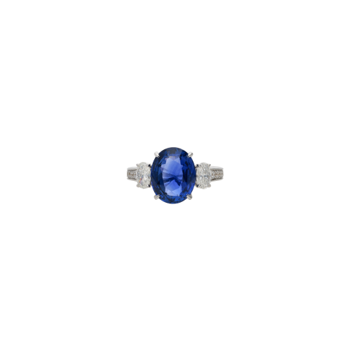 ANELLO IN ORO BIANCO CON ZAFFIRO BLU CENTRALE, DIAMANTI LATERALI E LUNGO IL GAMBO - 000-5791NS