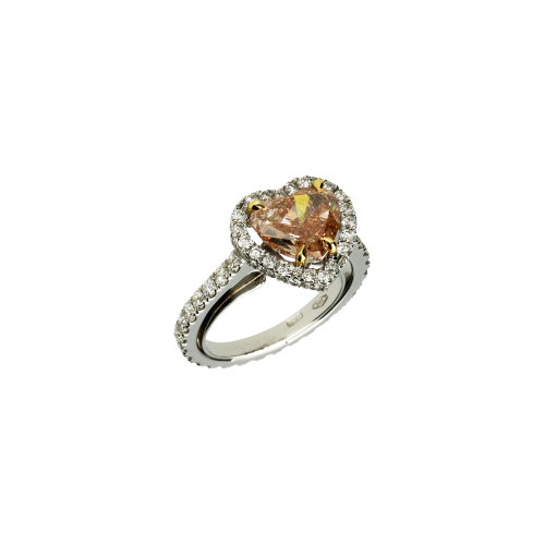 ANELLO IN ORO BIANCO 18 CARATI CON DIAMANTE FANCY BROWNISH ORANGY PINK TAGLIO CUORE E PAVÉ DI DIAMANTI BIANCHI TAGLIO BRILLANTE