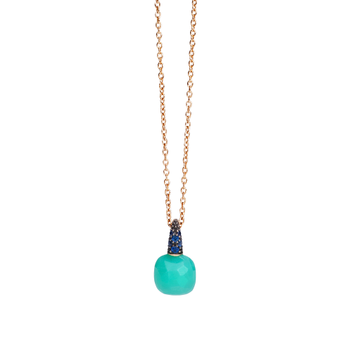 PENDENTE CON CATENA CAPRI - CATENA IN ORO ROSA E CIONDOLO CON CRISOPRASIO A CUSCINO SFACCETTATO E ZAFFIRI BLU TAGLIO BRILLANTE (CT 0.10) LUNGHEZZA 42 CM - F.B104O7ZFCP