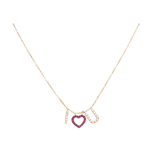 I LOVE U - Collana in oro rosa con diamanti bianchi e rubini