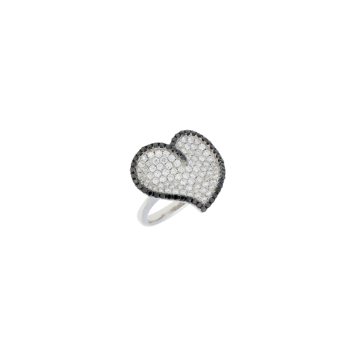 ANELLO CUORE IN ORO BIANCO CON DIAMANTI BIANCHI E DIAMANTI NERI - UR0201DDKW