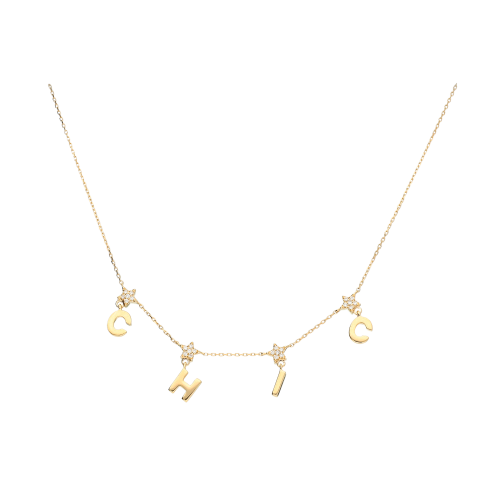 CHIC - Collana girocollo in oro rosa con lettere pendenti e stelline con diamanti bianchi