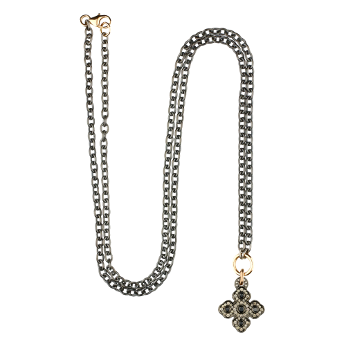 COLLANA CON CIONDOLO CROCE IN ORO BRUNITO, DIAMANTI BROWN E DIAMANTI NERI - VP25819DBDKX09