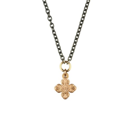 Collana con ciondolo croce in oro brunito , diamanti neri e rubini naturali - VP25819DKRUX09