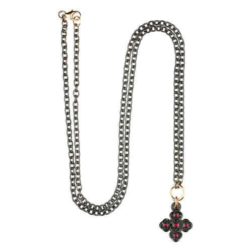 Collana con ciondolo croce in oro brunito , diamanti neri e rubini naturali