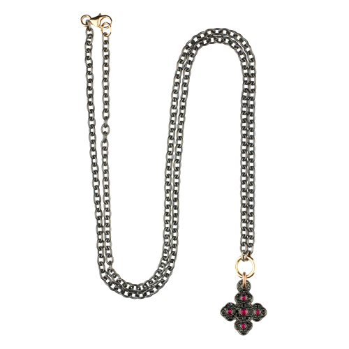 Collana con ciondolo croce in oro brunito , diamanti neri e rubini naturali - VP25819DKRUX09