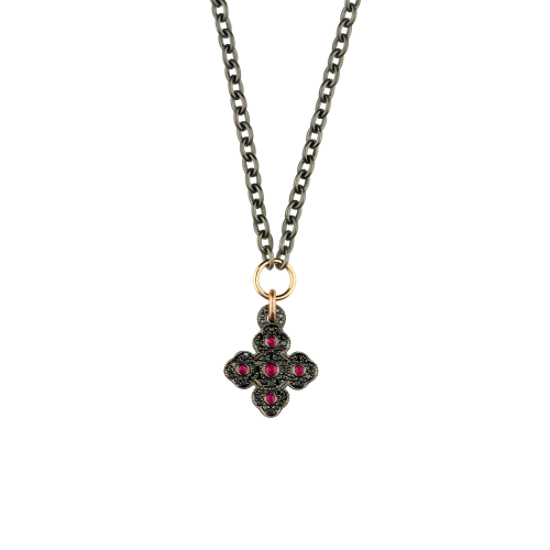 Collana con ciondolo croce in oro brunito , diamanti neri e rubini naturali - VP25819DKRUX09