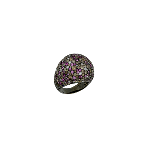 ANELLO IN ORO NERO CON DIAMANTI BIANCHI, DIAMANTI BROWN E ZAFFIRI ROSA