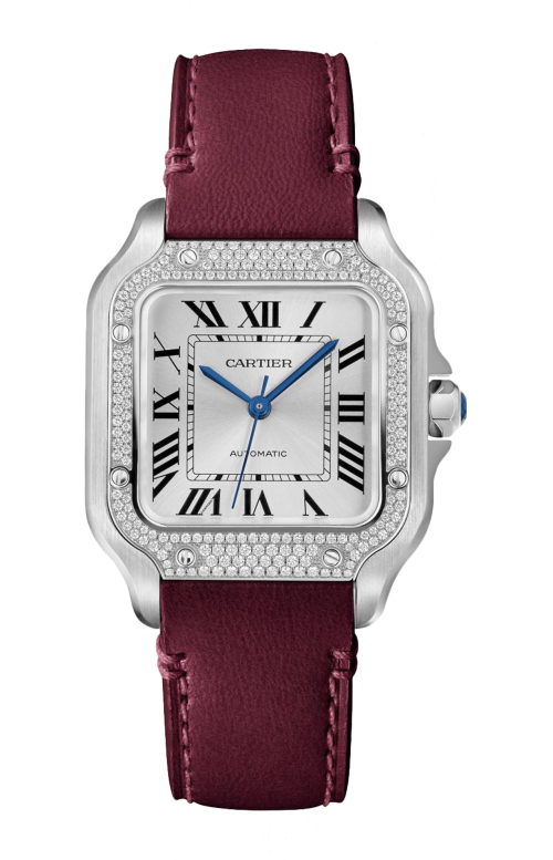 SANTOS DE CARTIER MODELLO MEDIO, AUTOMATICO, ACCIAIO, DIAMANTI, CINTURINO IN PELLE INTERCAMBIABILE - W4SA0005