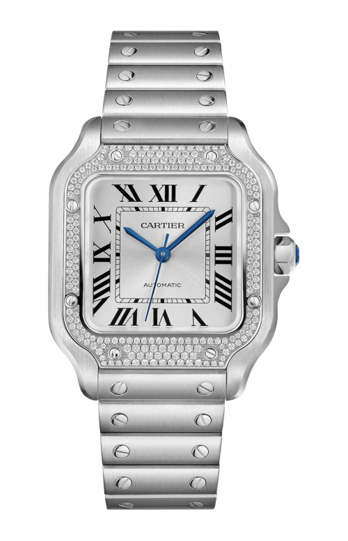 SANTOS DE CARTIER MODELLO MEDIO, AUTOMATICO, ACCIAIO, DIAMANTI, CINTURINO IN PELLE INTERCAMBIABILE - W4SA0005