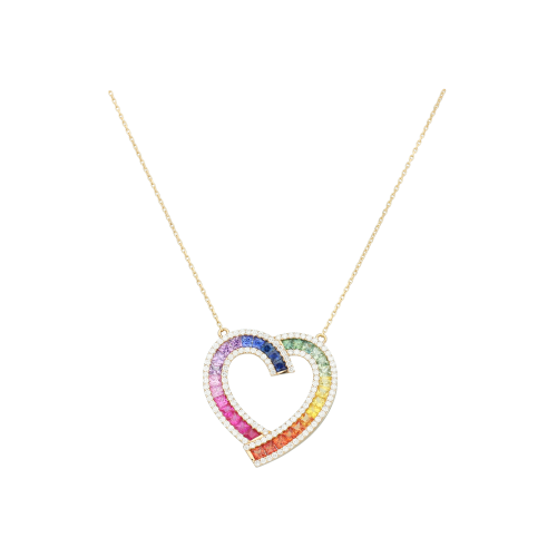 COLLANA RAINBOW PENDENTE CUORE CON DIAMANTI BIANCHI E ZAFFIRI MULTICOLOR - KP1032/MS