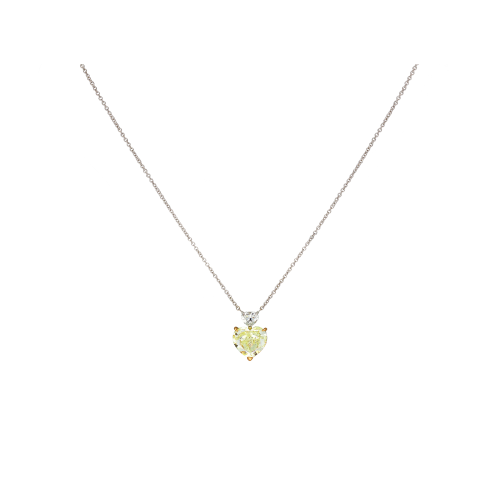 COLLANA IN ORO BIANCO CON DIAMANTE FANCY YELLOW TAGLIO CUORE E DIAMANTE BIANCO TAGLIO CUORE