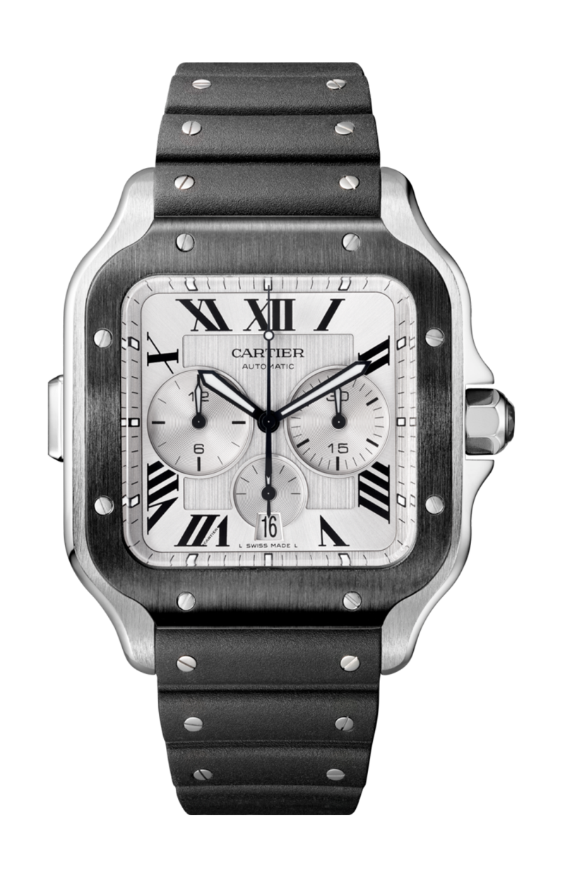 SANTOS DE CARTIER, MODELLO EXTRA-LARGE, ACCIAIO E CAUCCIU, 2 CINTURINI  INTERCAMBIABILI - WSSA0017 - WSSA0017